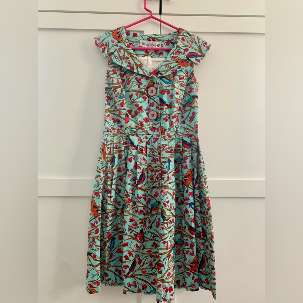 Gorgeous Beebop & Wally turquoise bird and flowers cotton dress, Size XS 2/4